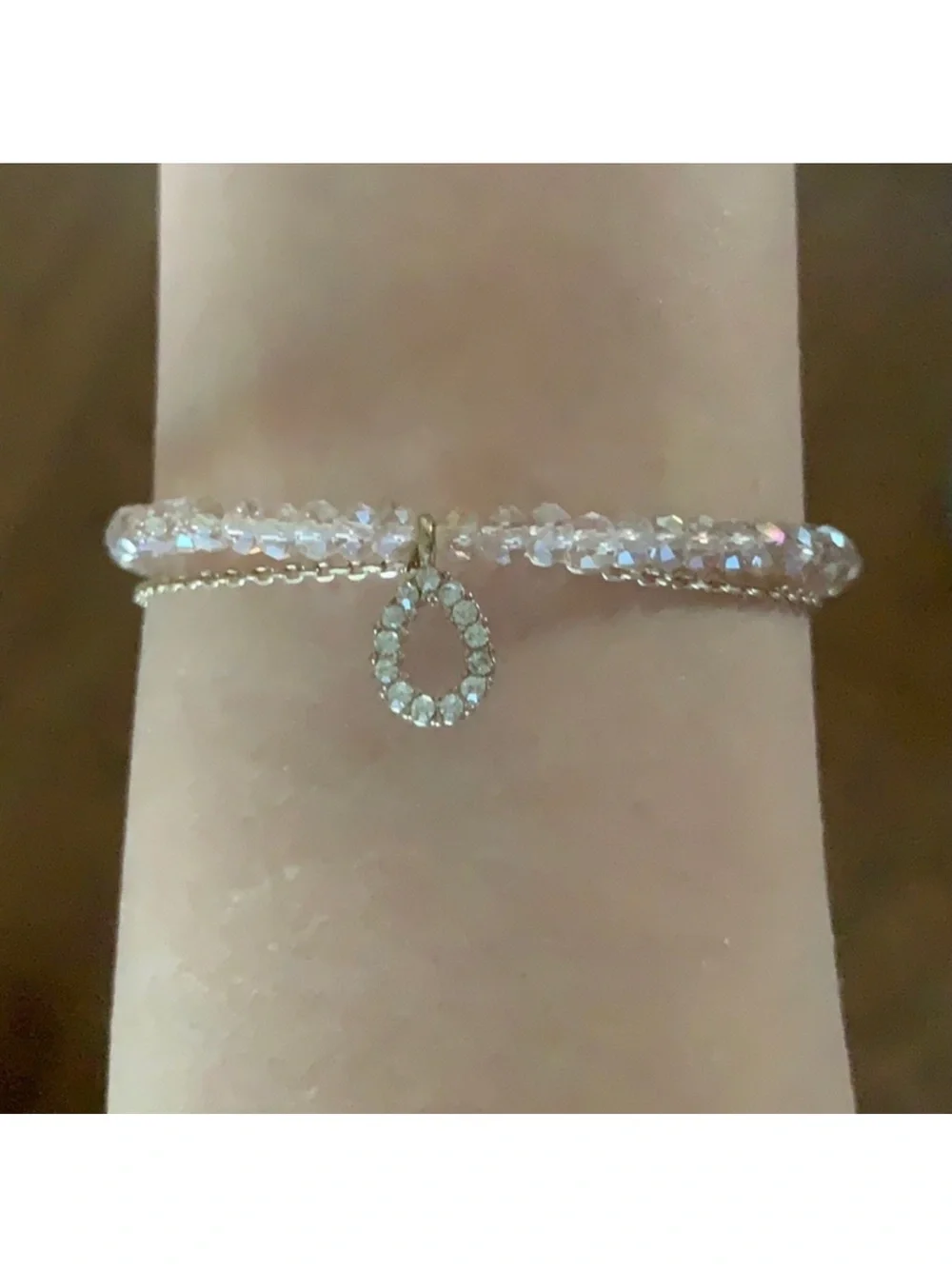 Forever 21 Gold-Tone Pink Crystal Stretch Bracelet with Pave Teardrop Charm